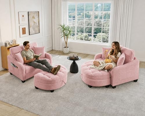 Image of Oversized Chair and A Half, Chenille Tufting Accent Cozy Reading Sofa Chair with Storage Ottoman, Upholstered Loveseat Chaise Lounge Sofa with Adjustable Back for Living Room, Office, Sunroom, Pink