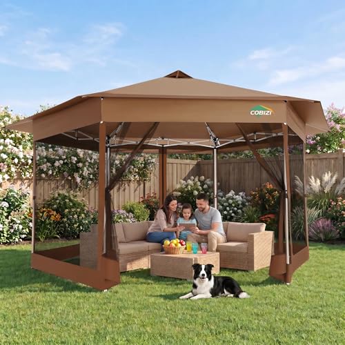 Image of COBIZI 16x16 Pop Up Gazebo Tent with Mosquito Netting, Gazebos on Clearance, Hexagonal Outdoor Canopy Shelter, Patented Center Lock 6-Sided Portable Gazebos, Pop Up Canopy Tent for Backyard, Brown