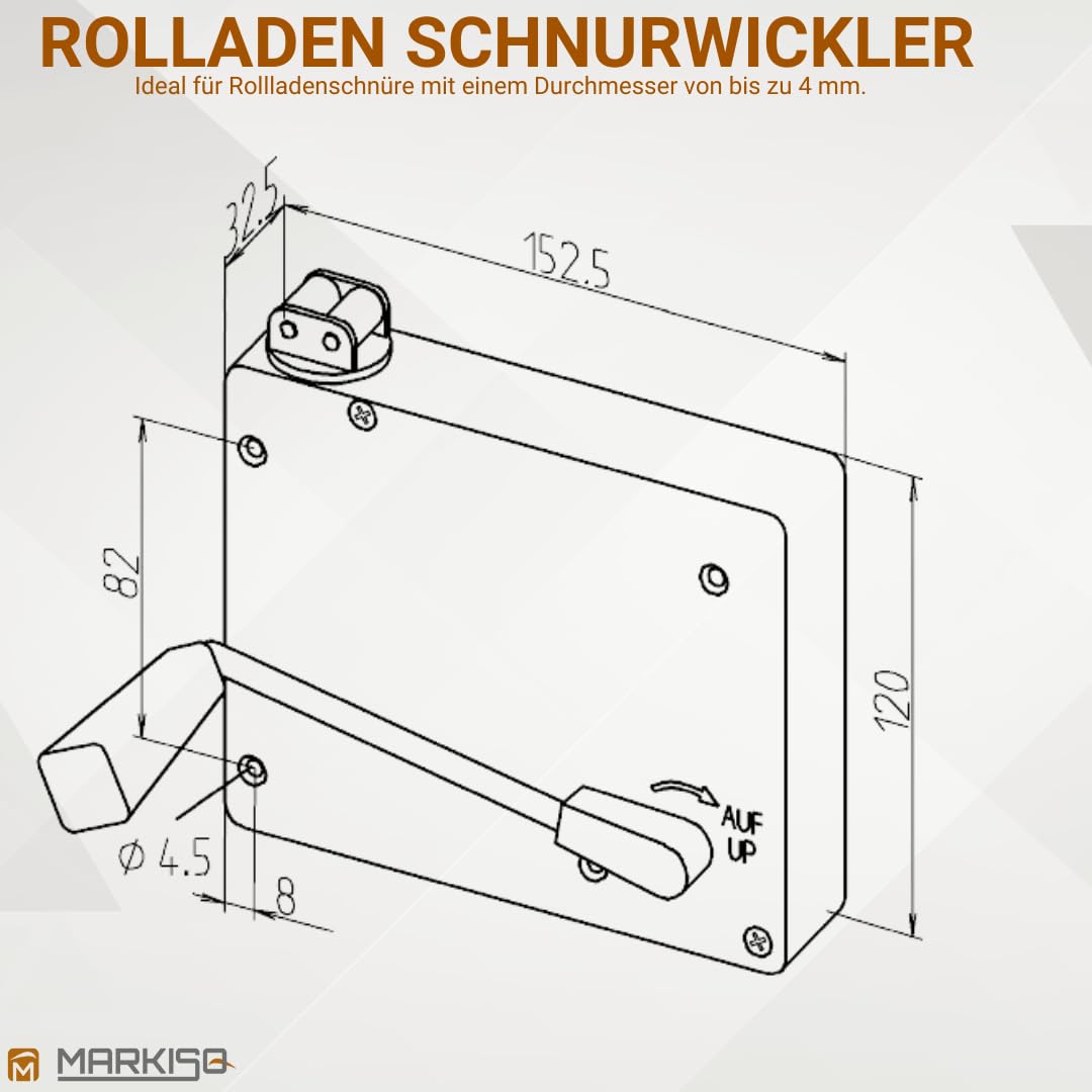markiso® Getriebewickler mit Kurbel [Made in Germany] Rolladen Schnurwickler für Schnüre bis 4 mm Ø und 5 m Länge, langlebig, leicht zu montieren, inkl. Kurbel & Befestigungsmaterial