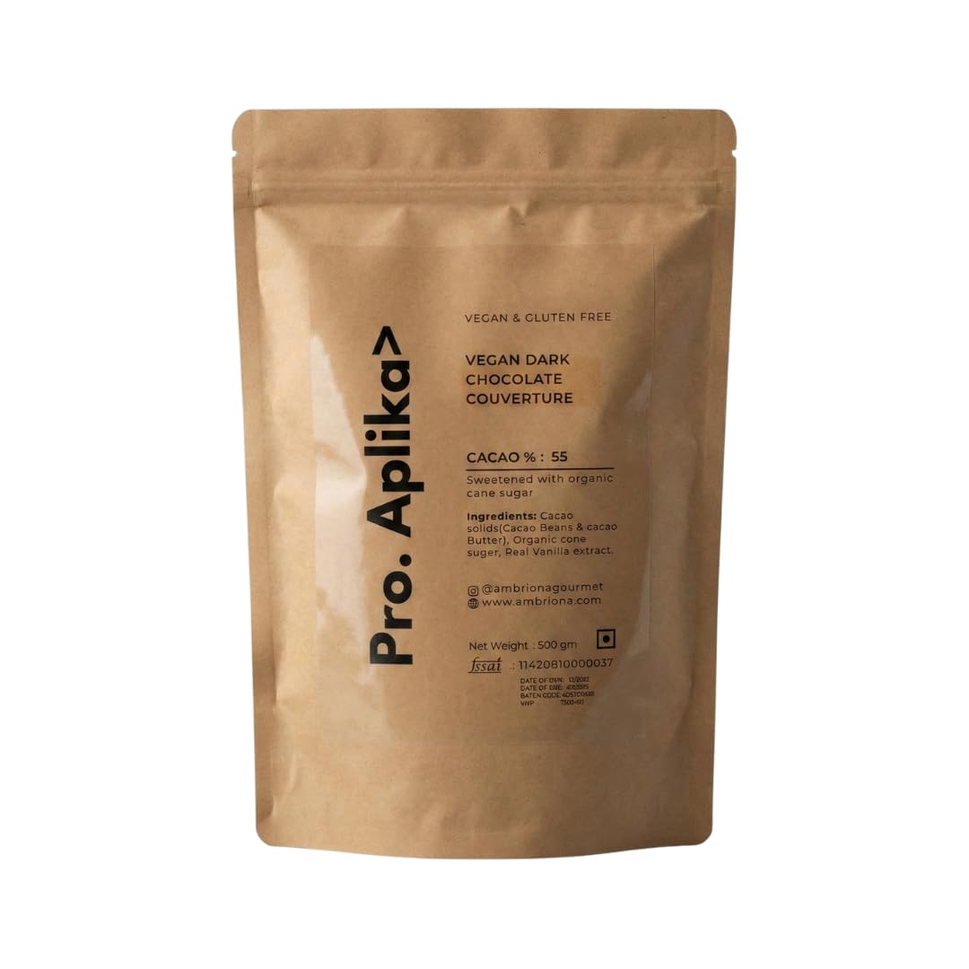 Pro.Aplika Vegan & Gluten Free Dark Couverture Chocolate, Dairy Free, 55% Cocoa Solids From Roasted Cacao Beans | 500 gm
