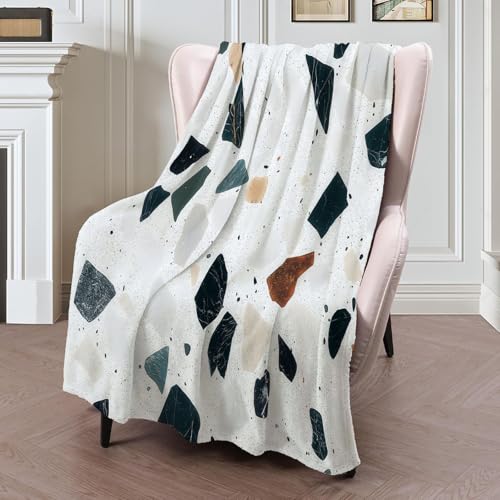 Manta Franela para Sofá Patrón De Terrazo, Manta Plaid Textura Geométrica De Mármol, Suave, Cálida, Transpirable, Mantas de Microfibra, Blanco-130x150cm