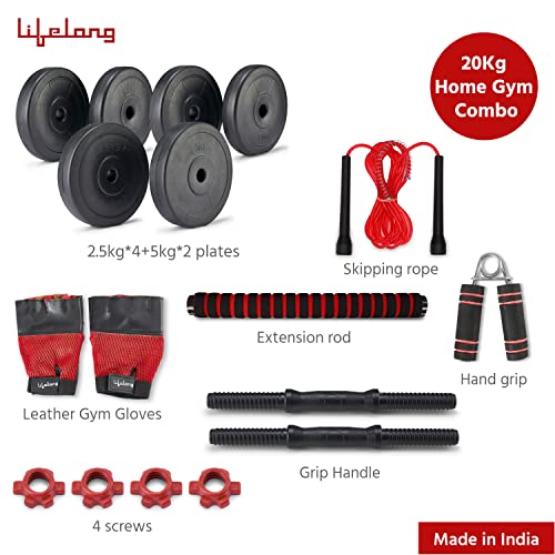 Image of Lifelong LLPVCHGC14 PVC Home Gym Set 20kg Plate with Extension Barbell Rod and Dumbbells Rods with Gym Accessories for Home Workouts (Black, 6 Months Manufacturer's Warranty)