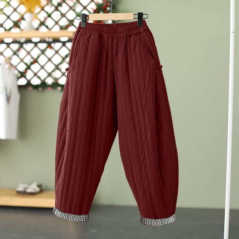 WROLEM Women Winter Warm Down Cotton Pants Thicker Padded Quilted Pants Relaxed Fit Wide Leg Trousers with Pockets - Image 4