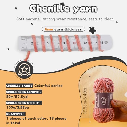 Image of LUNARM Chenille Yarn for Crochet Knitting Chunky Blanket Velvet Yarn | 18 Pack 100g /3.5oz Multicolor Series Thick Soft Yarn for Beginners Knitting Fluffy Weaving Plush Scarves with Big Eye Needles