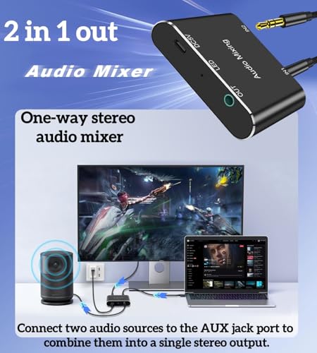 Image of 2 Channel Stereo Audio Mixer - 3.5mm Audio Mixer,Aluminum Shell - 3.5mm(1 /8in) A udio Interface Support 2 In 1 Out Mini Stereo Sound M ixer with 3.3FT Audi o Cables - For PC, Phone, Headphones, Laptop
