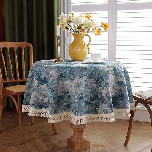 Nappe jacquard marguerite bleu ronde KnSam 120cm en coton polyester de qualité supérieure