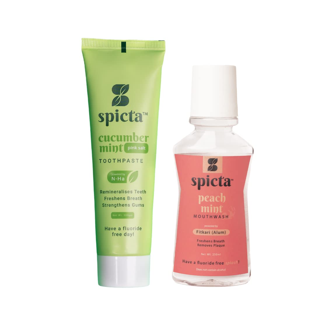 Spicta Cucumber Mint Natural Hydroxyapatite Toothpaste 125gm & Peach Mint Mouthwash 250ml | Alcohol Free Mouthwash Liquid with Fitkari (Alum) | Fluoride Free, SLS Free, Herbal for Adults & Kids