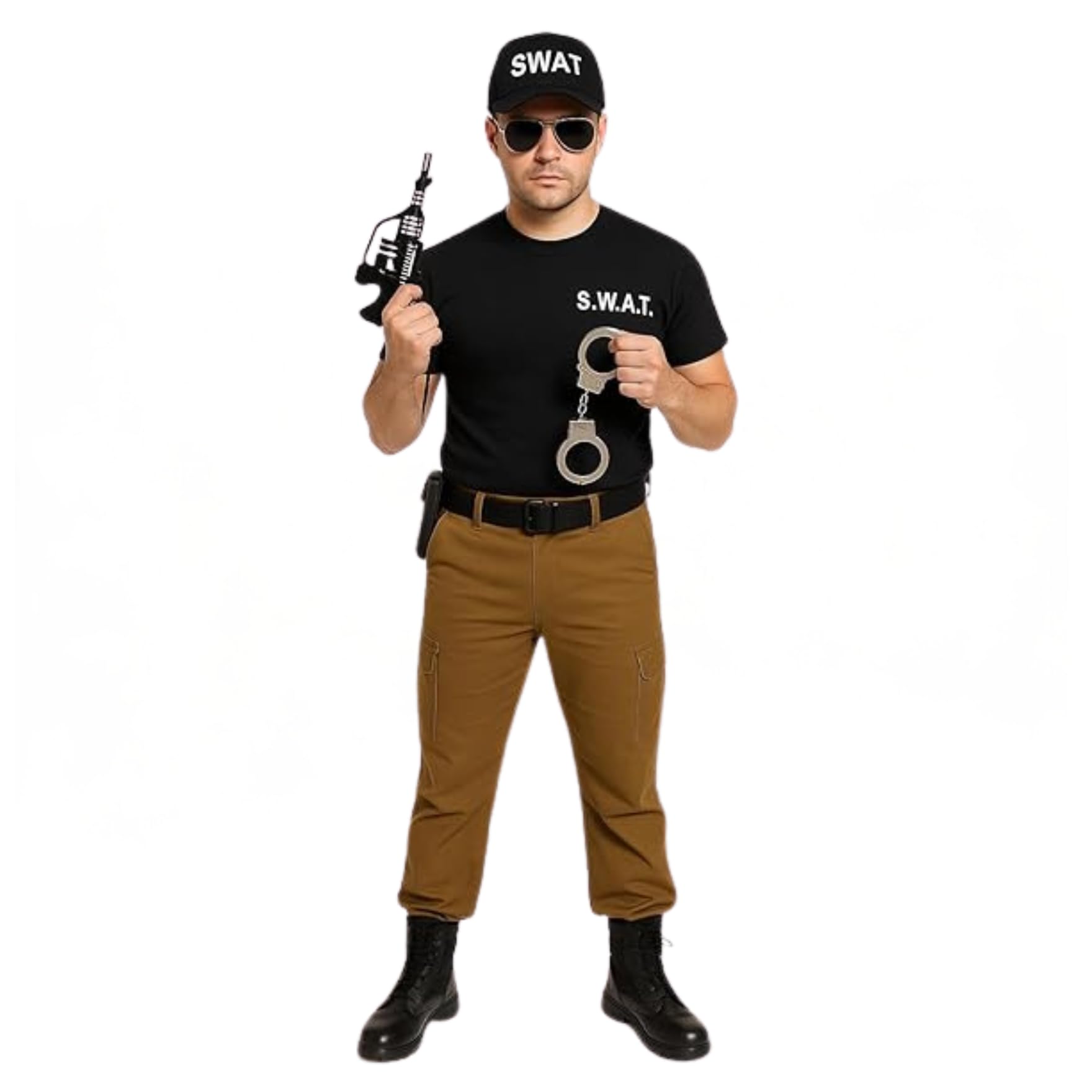 labreeze Adult SWAT Costume Set – Black SWAT Hat, Printed T-Shirt, Handcuffs & Sunglasses – Police Fancy Dress Outfit for Men & Women, Halloween & Themed Parties (Large)