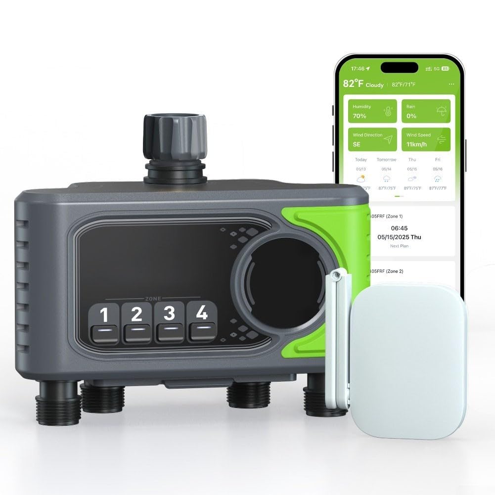 Timer per irrigazione WiFi a 4 zone, controller intelligente per irrigazione da giardino con app e controllo vocale, programma di irrigazione basato sulle condizioni meteorologiche per sistema di tubi