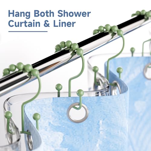 Image of Titanker Shower Curtain Hooks Rings, Rust-Resistant Metal Double Glide Shower Hooks for Bathroom Shower Rods Curtains, Set of 12 Hooks - Sage Green