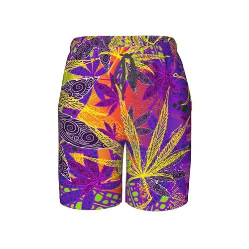 Boys Swim Trunks Marijuana-Leaf Psychedelic Colors Kids Swim Shorts Quick Dry Beach Board Pocket Black