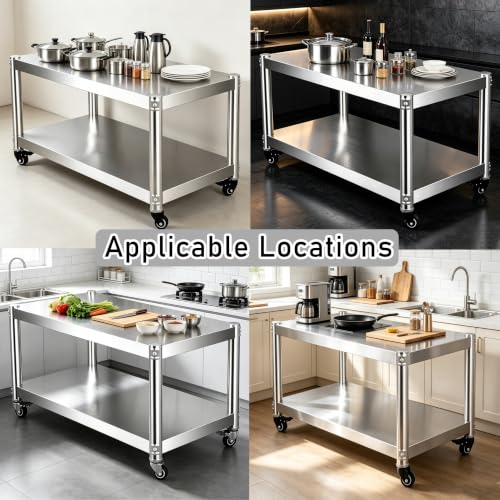 Mesa de acero inoxidable con ruedas y dos niveles con refuerzo triangular estable 4