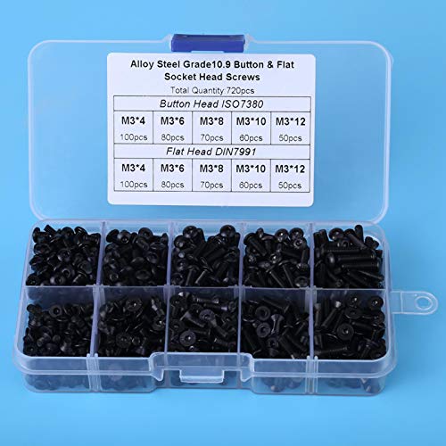 M3/M4/M6/M8/M10/M12 Black Alloy Steel Screws Flat/Button Head Hex Socket Head Cap Bolts Screws with Plastic Box (720 PCS) - Image 4