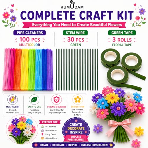 Image of Pipe Cleaners for Craft Flower Making Set, Fuzzy Chenille Stems and Fluffy Sticks with Floral Tape and Wire, for Kids Arts and Crafts(pipe cleaners-100 /stem wire-30 /green tape-3)