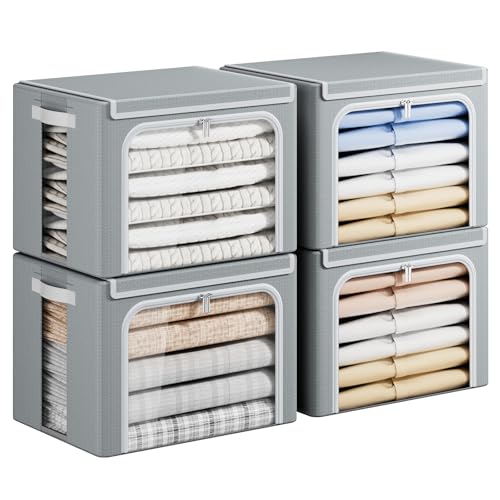 Yecaye Clothing Storage Bin with Lid, Clothes Storage Grey, 40L, 4 Pack
