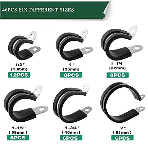 Ouru 46Pcs Cable Clamps Assortment Kit,Stainless Steel Rubber Coated Cushioned Insulated Cable Clamp,Automotive Wire Clamps,Pipe Clamps,Metal Clamp In 6 Sizes—1/2'' 1'' 1-1/4'' 1-1/2'' 1-3/4'' 2'' #TOP1