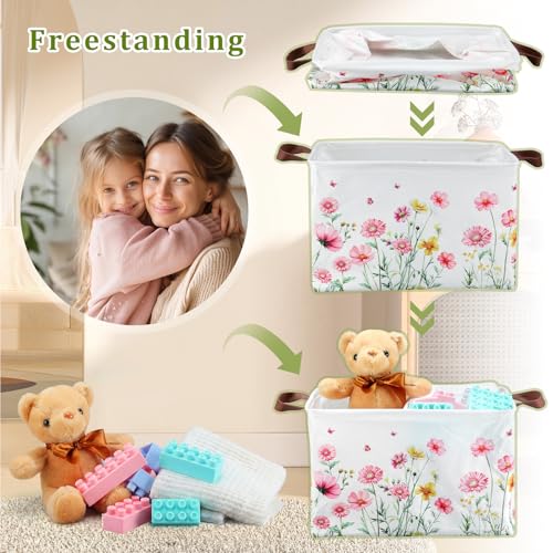 Image of Fourluoo 6 Pack Floral Storage Basket with Handles Clothes Storage Basket Bin Foldable Box Bins Organizer for Closet Shelf Nursery Kid Room Book Toy Chest(6,Flower)