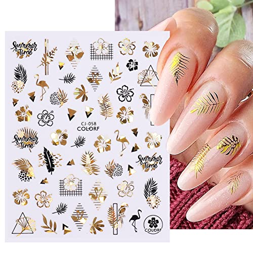 Gold Nail Art Stickers - 9 Sheets Summer Nail Stickers For Nail Art - Luxury Laser Summer Beach Nail Art Supplies Palms Leaves Coconut Trees Ocean Animals Mermaid Nail Decals For Acrylic Nails Decor #TOP3