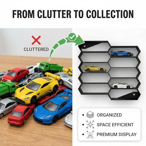 Image of Akrinity 10-Car Hexagon Wall Rack Compatible with Hot Wheels Stand & 1:64 Die-Cast Cars | Stackable Wall Car Display Organizer with Side Guards & Screw Slot | Home & Office Decor