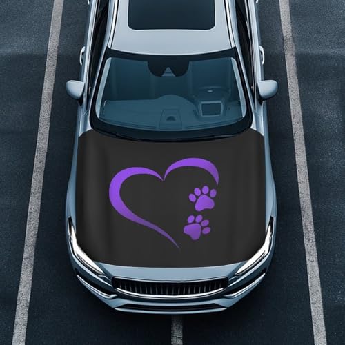 Image of Purple Heart Paw Print Car Hood Cover Stretch Fabric Covers for Car Hood Waterproof Universal Auto Accessories Easy Installation for Car Hood Decor and Protection