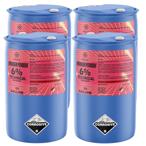 Hydrogen Peroxide 6% Technical Grade - 4 x 55 Gallon Drums – for Industrial Cleaning, Oxidation processes, Bleaching in Textile Manufacturing, Chemical Synthesis, and Wastewater Treatment