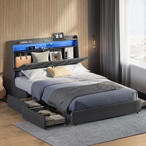 VASAGLE Queen Bed Frame with 51.4 Inch Tall Storage Headboard, Be...