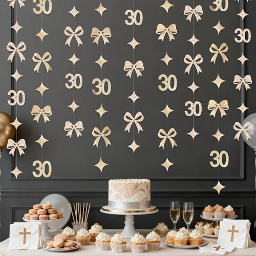 Image of Glitter Champagne 30th Bow Birthday Decorations Champagne Conquette Bow Garland Streamer Banner Backdrop for Womens Happy 30th Birthday Dirty Thirty Cheers to 30 Years Old Anniversary Party Supplies