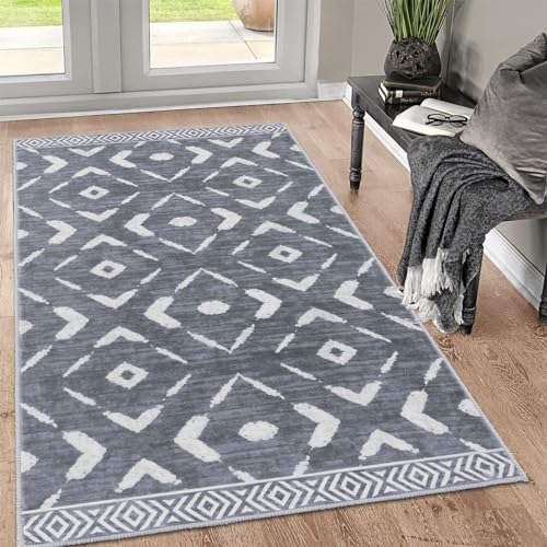 KILOCOCO Area Rug 3'x5' Rug for Entryway Washable Printed Bedroom Rugs Non Slip Boho Low-Pile Soft Rugs for Kitchen Dining Geometric Moroccan Carpet, Dark Grey