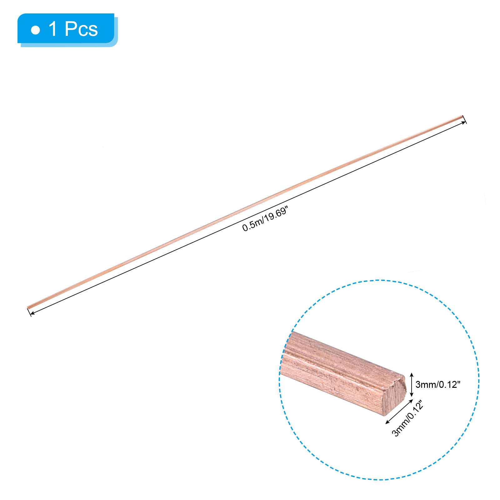 PATIKIL 0,12x0,12x19,69" T2 Kupfer Vierkantstange, massiver Flachstangen-Vorrat für Handwerk, Wartung, elektrische Architekturdekoration, Kupfer