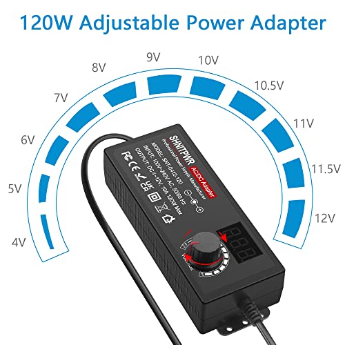 SHNITPWR 4V - 12V Power Supply 10A 120W AC to DC Adapter DC 4V 4.5V 5V 6V 7V 8V 9V 10V 11V 12V Voltage Adjustable Universal Power Converter Transformer 100-240V AC In with 14 Tips & Polarity Converter2