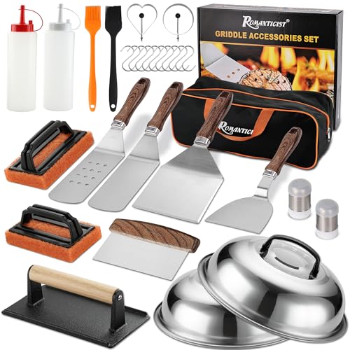 ROMANTICIST 29PCS Griddle Accessories Set - Flat Top Teppanyaki Spatula Set with Scraper Basting Cover for Camp Chef- Home Cooking Griddle and Outdoor BBQ Gifts for Fathers Day