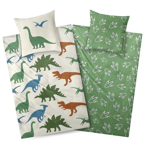 Aminata kids Biber Bettwäsche 135x200 Dinosaurier Dino Motiv Flanell...