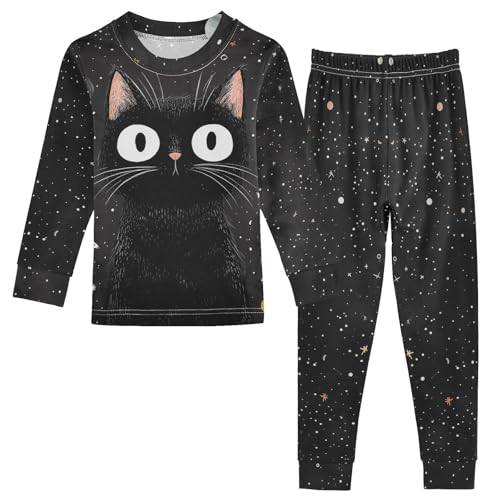 Fustylead Black Cat with Stars and Planets Cotton Pajamas, Snug Fit Long Sleeve Soft Sleepwear Pjs