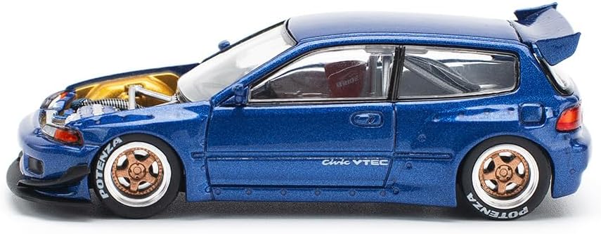 1:64 Diecast Model Car Compatible with Honda Civic EG6 w/No Hood Pandem Blue Limited Edition by Pop Race PR640174