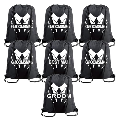 PartyGifts&beyond 7Pack Groomsman Drawstring Bag, Groom Drawstring Bag for Bachelor Party or Wedding(Suit-Bold)