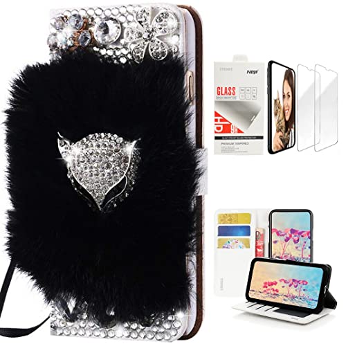 STENES Bling Wallet Case Compatible with Google Pixel 3a XL - Stylish - 3D Handmade Luxury Fox Flowers Design Leather Case with Wrist Strap & Screen Protector [2 Pack] - Black