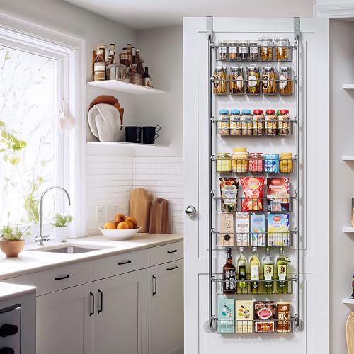 Image of Delamu Over The Door Pantry Organizer, 8-Tier Pantry Door Organizers and Storage, Metal Hanging Spice Rack, Seasoning Organizer, Door Organizer for Home Kitchen Bathroom, Black
