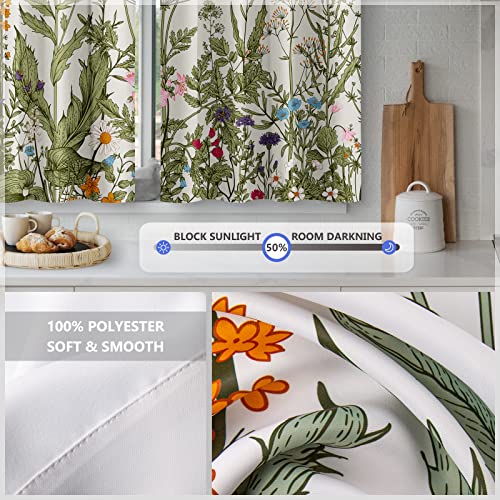 Aimego Flower Leaves Kitchen Curtains - Golden Floral Spring Rustic Plant Botanical Cafe Farmhouse Small Short Curtains For Bathroom Rv Rod Pocket Window Drapes 36 Inch Length 2 Panels Set thumb #3