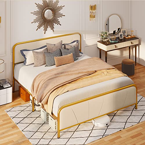 Gizoon Queen Size Bed Frame, Platform Bed Frame With Upholstered Headboard, Golden Heavy Duty Metal Mattress Foundation & Steel Slats, Sturdy, Noise Free, No Box Spring Needed (Beige) #TOP2