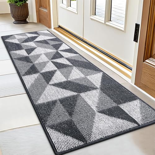 Image of OLANLY Door Mat Indoor Entrance Washable 59x23, Odor-Free Low-Profile Front Back Geometric Doormat, Absorbent Resist Dirt Entry Carpet, Easy to Clean Sturdy Inside Floor Mats for Entryway, Dark Grey