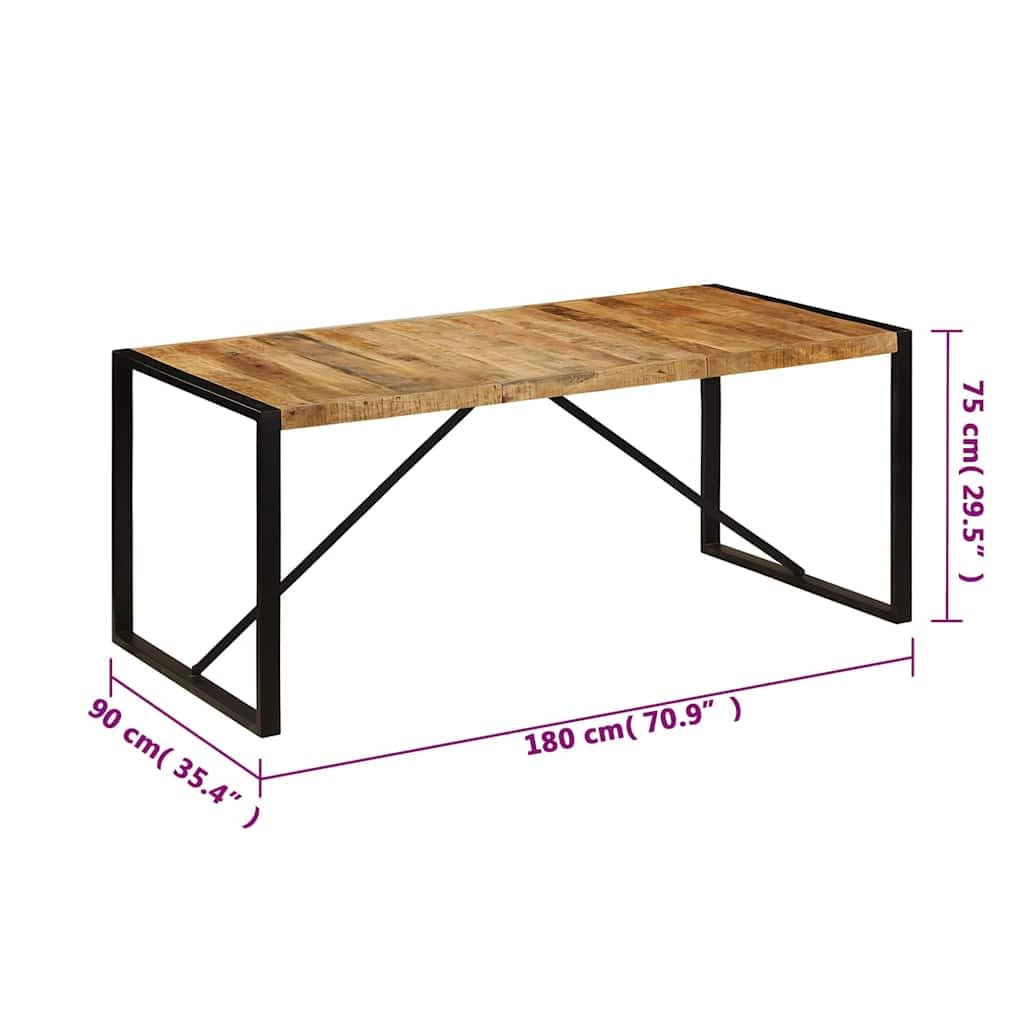 Mesa de comedor de 180 x 90 x 75 cm de mango de madera maciza, mesa de cocina y mesa de comedor en diseño industrial, mesa de madera maciza con patas de acero con recubrimiento en polvo