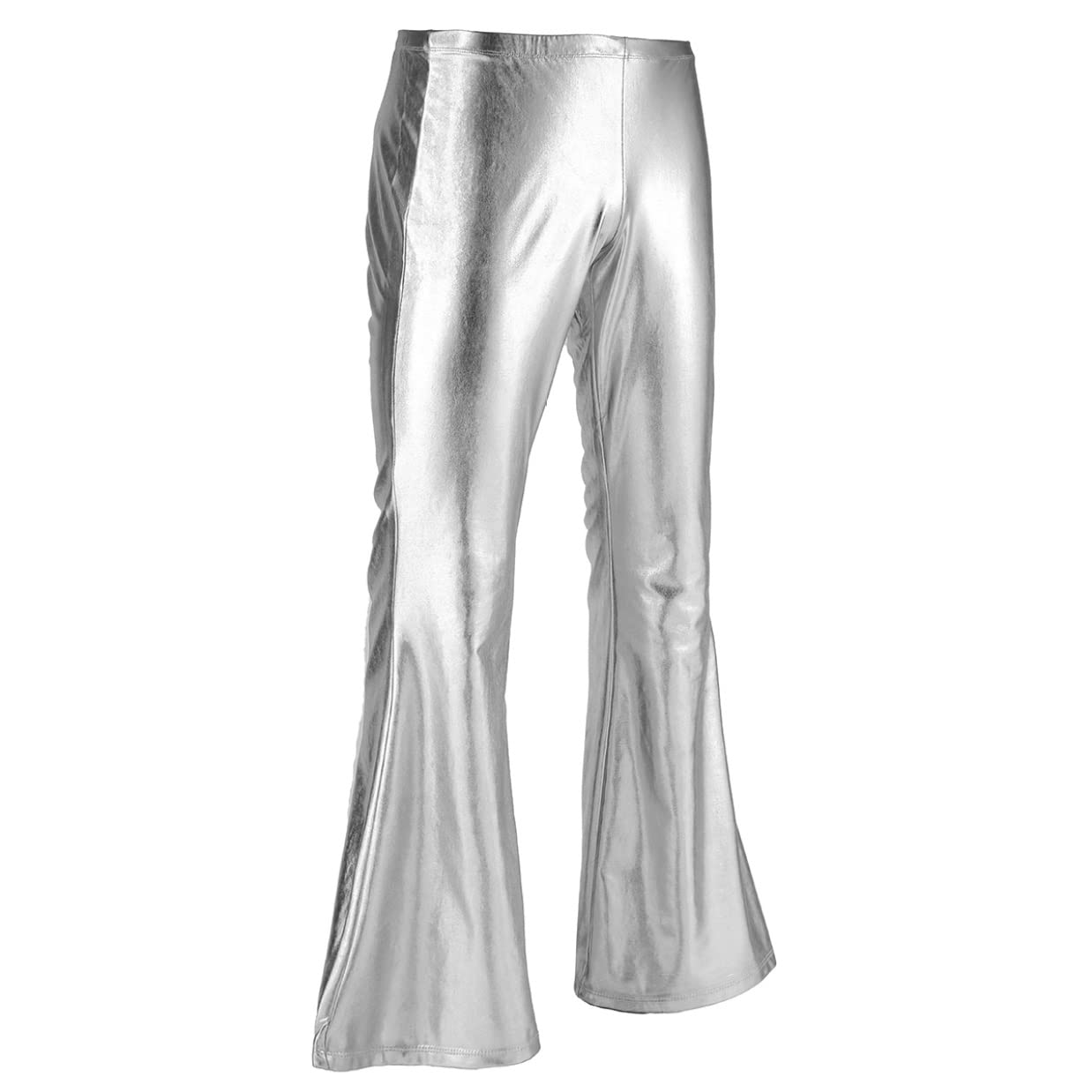Herren Metallic Hose High Waist Glänzende Leggings Holographic Schlaghose Tanzhose Weites Bein Jazzpants 70er 80er Jahre Nachtcub Party Outfit Silber XXL