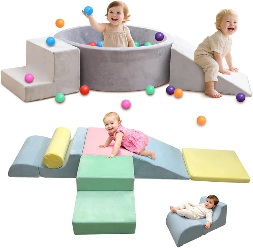 Toddler Climbing Toys Indoor, Baby Foam Climbing Blocks Set, Soft Play Climbing Toys for Toddlers 1-3, Indoor Climb Crawl & Slide Activity Play Gym for Kids (Grey, Light Color)