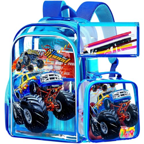 KLFVB 3PCS Clear School Backpack for Boys, Kids Transparent Bookbag Stadium Approved, See Through Bag for Elementary Preschool - Blue Passion Truck