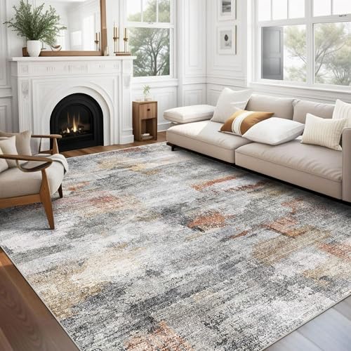vivorug Washable Rug, Ultra Soft Area Rug 6×9, Non Slip Abstract Rug Foldable, Stain Resistant Rugs for Living Room Bedroom, Modern Fuzzy Rug (Gray/Rust, 6’x9′)