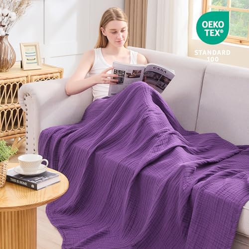 Image of EMME Cooling Muslin Twin Blanket - Checkered Lightweight Summer Cotton Blankets of Rayon Derived from Bamboo for Hot Sleepers (Purple, 60 inchx80 inch)