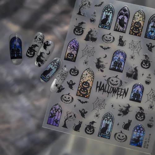 Image of Halloween Nail Stickers Black Cat Castle Nail Art Decal Frame Decorations