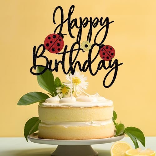 YUINYO Decoración para tarta de cumpleaños con diseño de mariquita, color negro, con purpurina, para decoración de tartas, insectos, primavera, verano, suministros para fiestas de cumpleaños (color