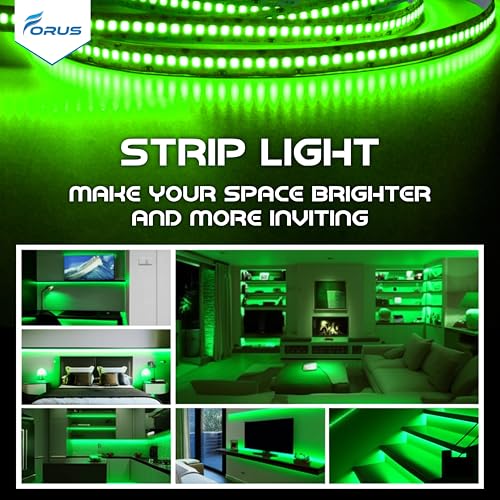 Image of Forus 5 Meter (5M) 10MM Green LED Strip Light, 240 LEDs /M Plug & Play Flexible Lighting for Home Decor, False Ceiling, Pooja Room, Living Room, Kitchen, Mirror, Stairs, 2-Year Warranty