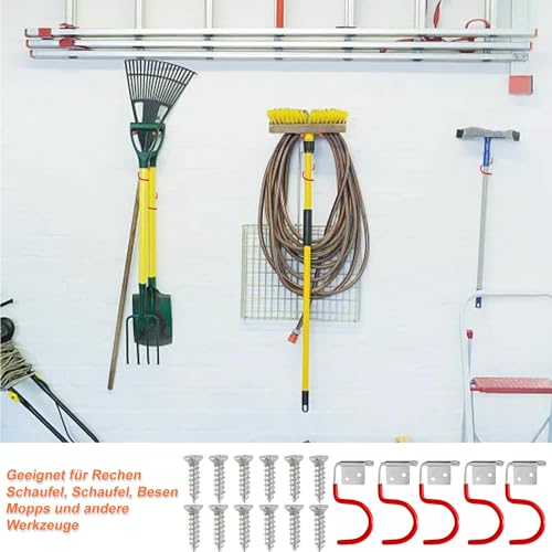 Gartengerätehalter Metallhaken, 15 Stück Gerätehalter Rot Haken, Besenhalter Werkzeughalter, Gummierung Gartengeräte, mit 30 Stück schrauben, Gartenwerkzeug Halterung für Garagen-Ordnungssysteme